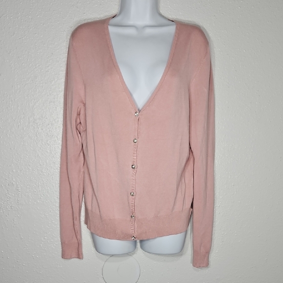 NWT Daisy Fuentes Blush Pink V-Neck Cardigan Sweater with crystal buttons M - Picture 1 of 10